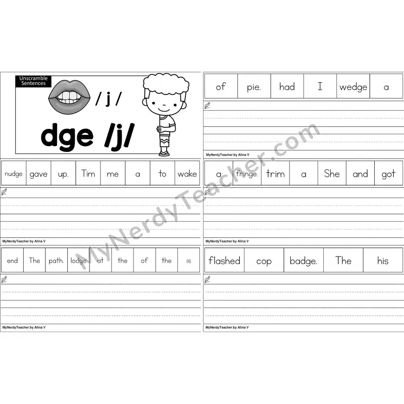 dge Trigraph Unscramble Sentences Worksheet (Black and White)