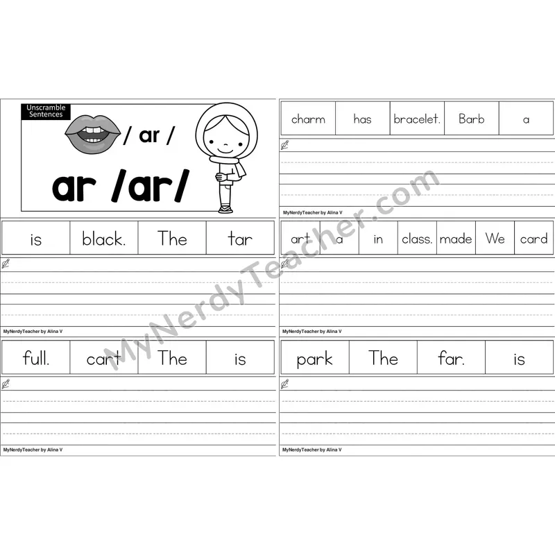ar (R-Controlled) Unscramble Sentences Worksheet (Black and White)
