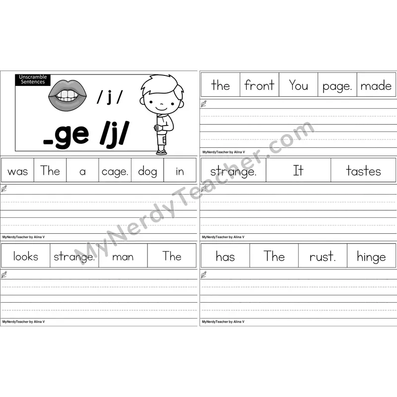 Soft G (_ge) Unscramble Sentences Worksheet (Black and White)