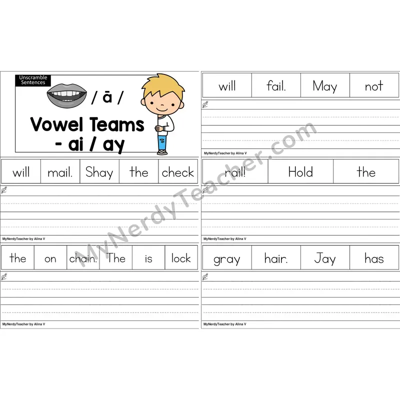 ai, ay Vowel Team Unscramble Sentences Worksheet (Color)