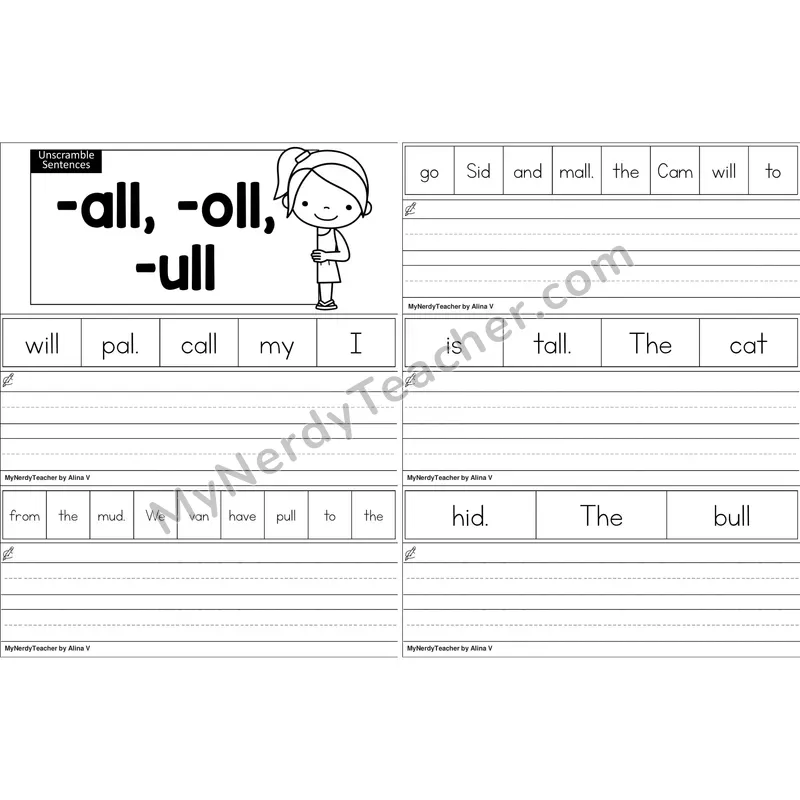 Glued Sounds -all, -oll, -ull Unscramble Sentences Worksheet (Black and White)