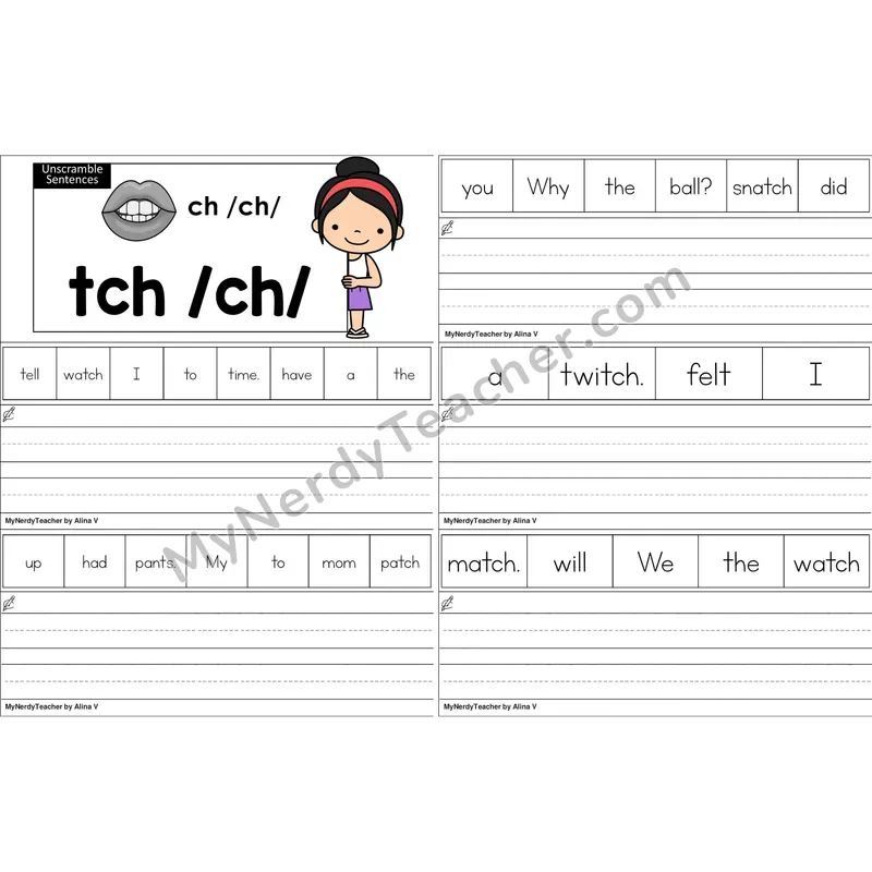 tch Trigraph Unscramble Sentences Worksheet (Color)
