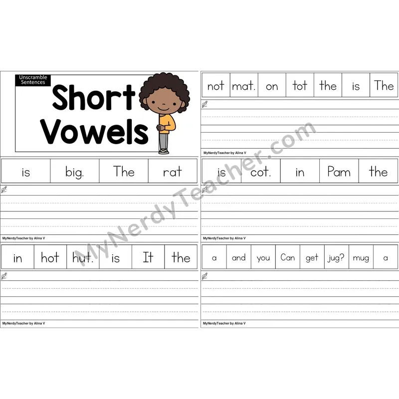 Mixed Short Vowels Unscramble Sentences Worksheet (Color)