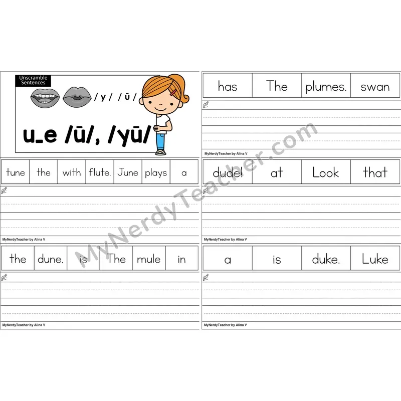u_e (Long U VCe) Unscramble Sentences Worksheet (Color)