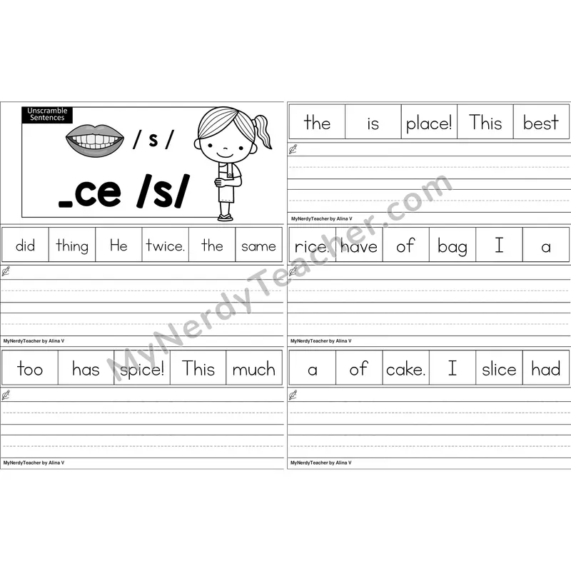 Soft C (_ce) Unscramble Sentences Worksheet (Black and White)