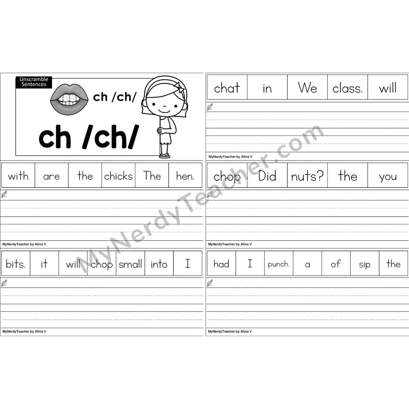 ch Digraph Unscramble Sentences Worksheet (Black and White)