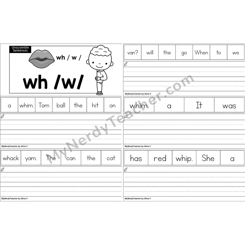 wh Digraph Unscramble Sentences Worksheet (Black and White)