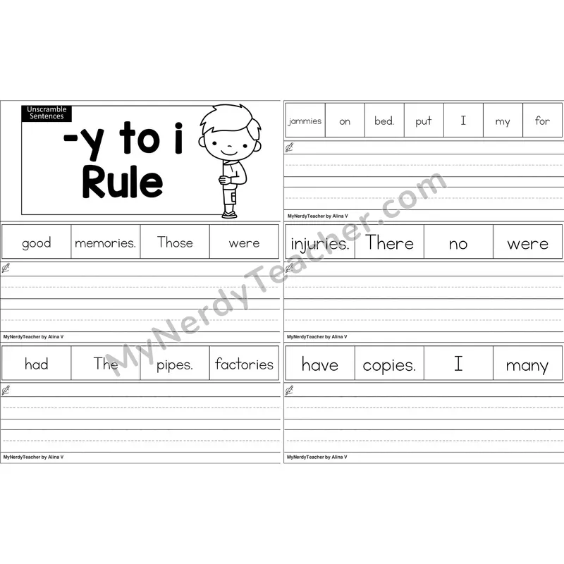 Suffix Spelling: -y to i Rule Unscramble Sentences Worksheet (Black and White)