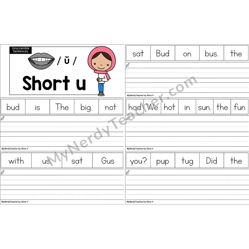Short U Unscramble Sentences Worksheet (Color)