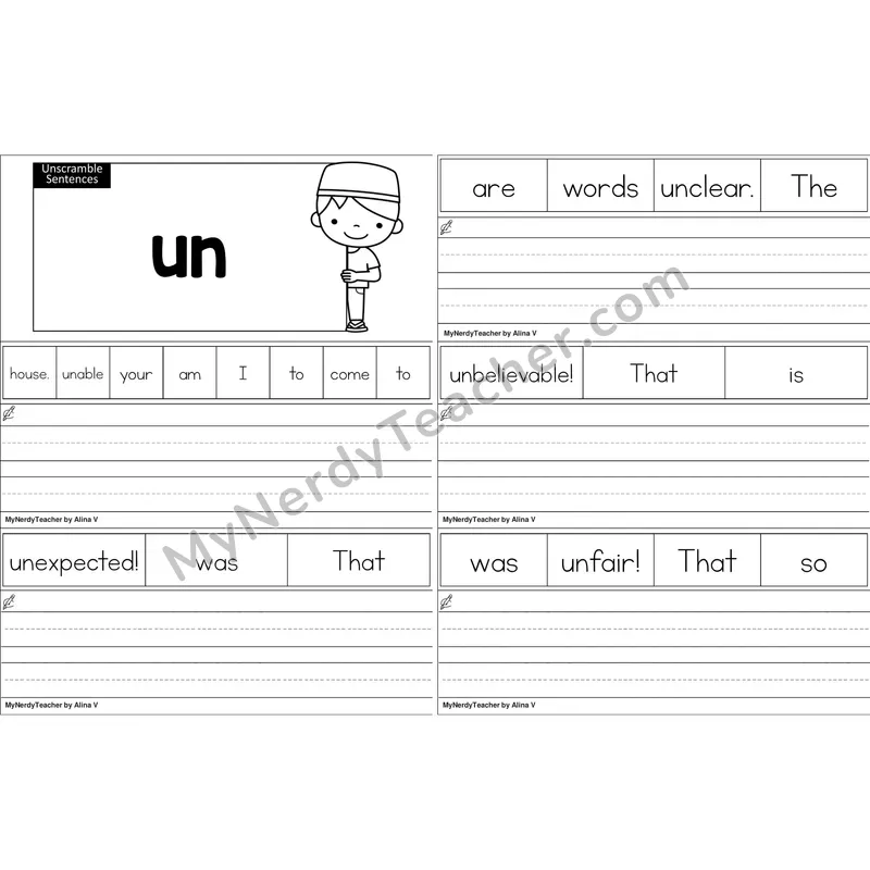 Prefix un- Unscramble Sentences Worksheet (Black and White)