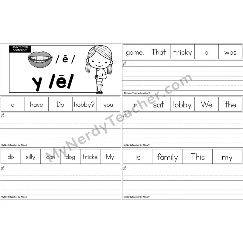 y as Long E Unscramble Sentences Worksheet (Black and White)