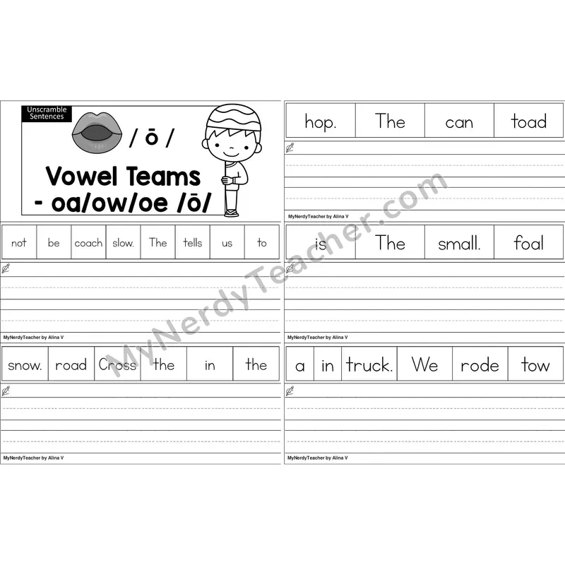 oa, ow, oe Vowel Team Unscramble Sentences Worksheet (Black and White)