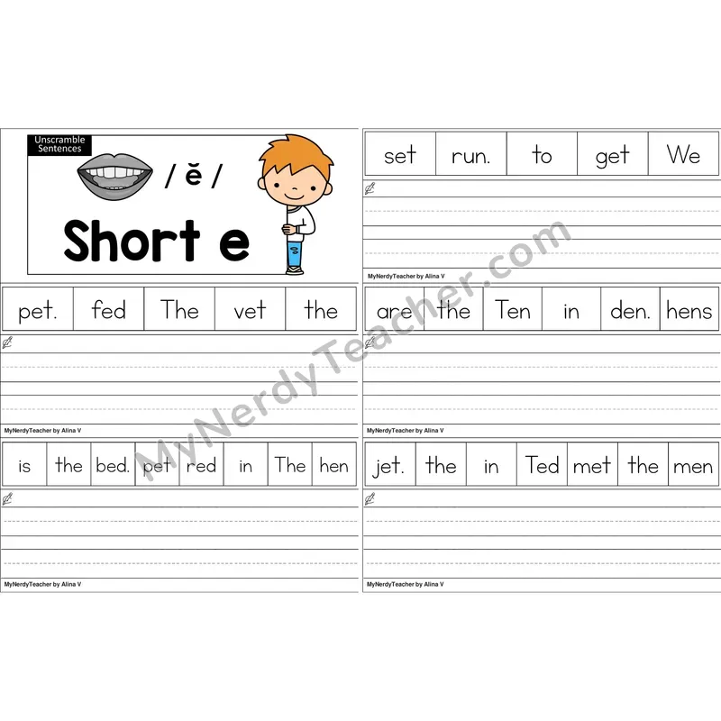 Short E Unscramble Sentences Worksheet (Color)