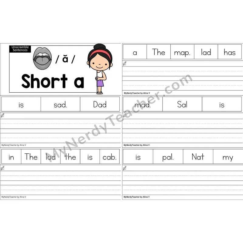 Short A Unscramble Sentences Worksheet (Color)
