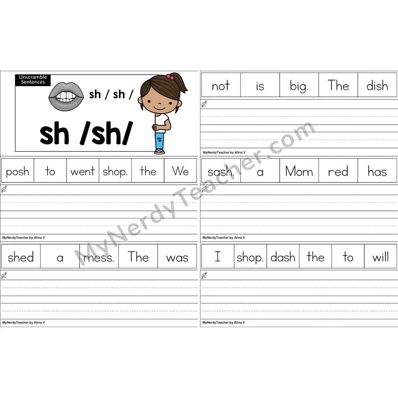 sh Digraph Unscramble Sentences Worksheet (Color)