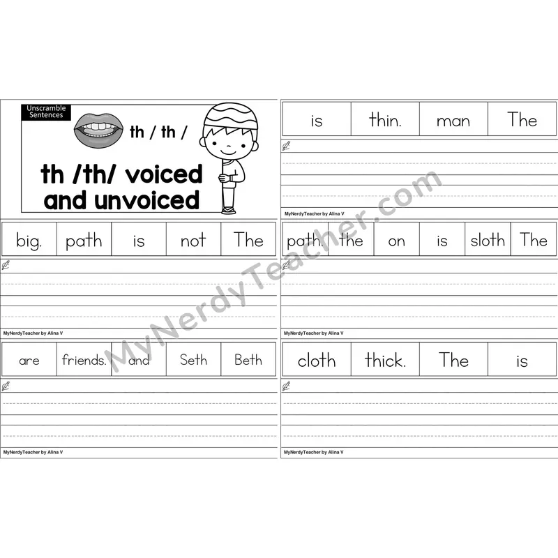 Voiced and Unvoiced th Unscramble Sentences Worksheet (Black and White)