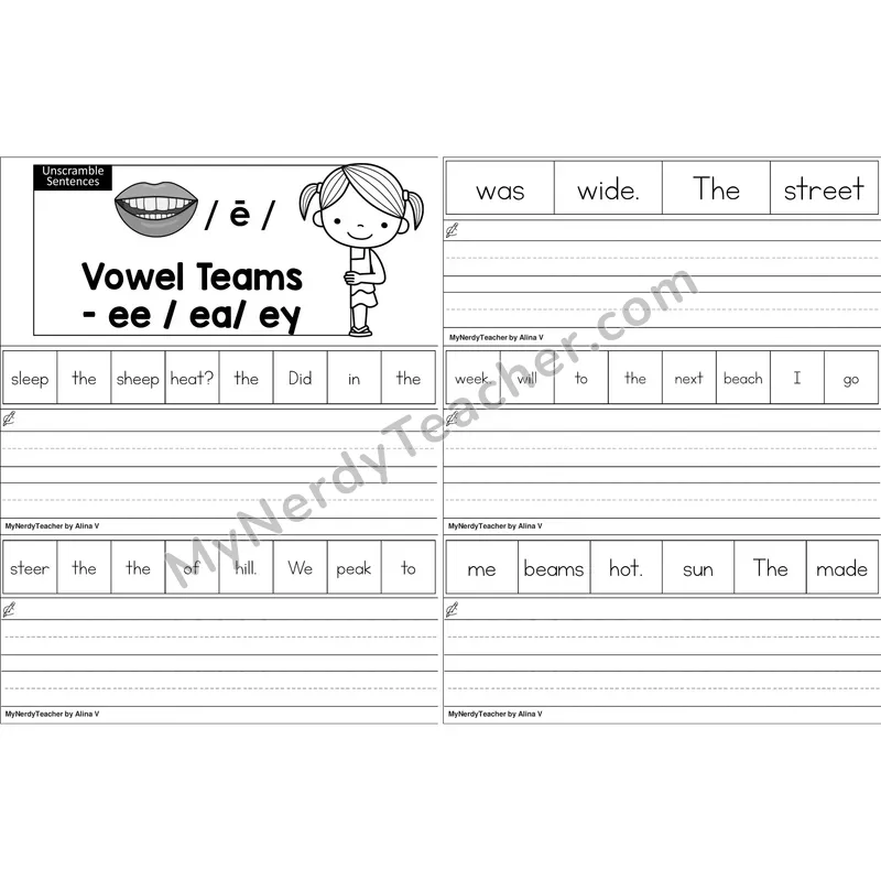 ee, ea, ey Vowel Team Unscramble Sentences Worksheet (Black and White)