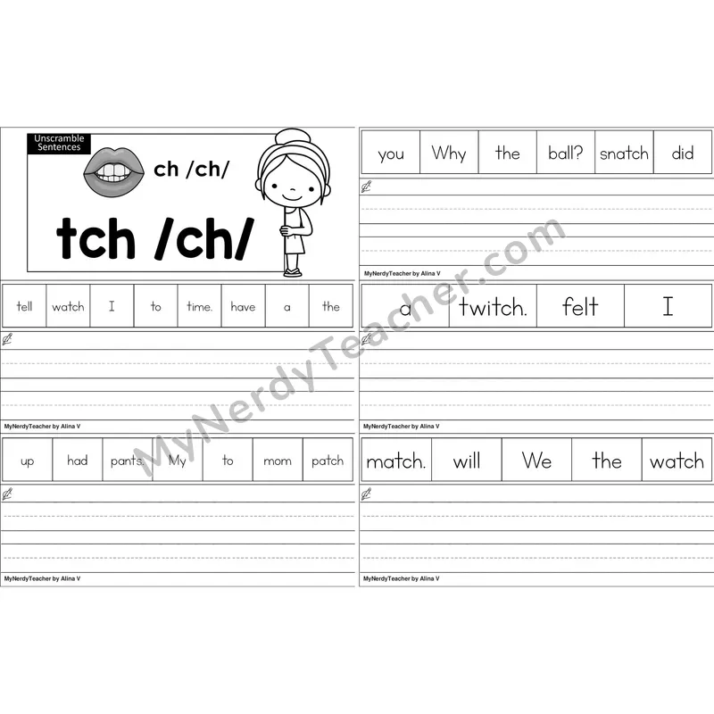 tch Trigraph Unscramble Sentences Worksheet (Black and White)