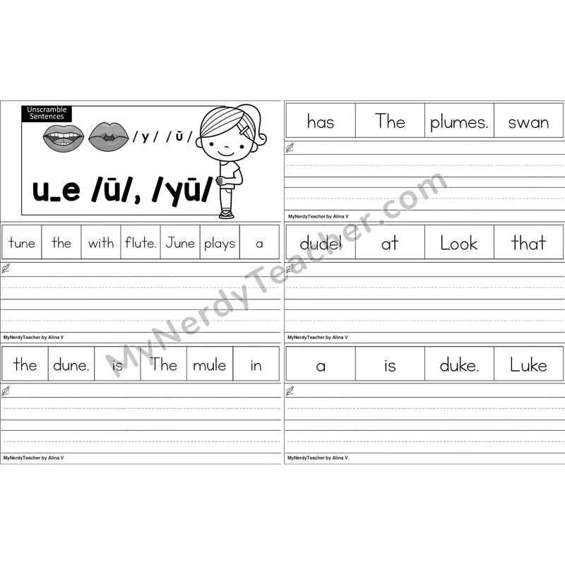 u_e (Long U VCe) Unscramble Sentences Worksheet (Black and White)