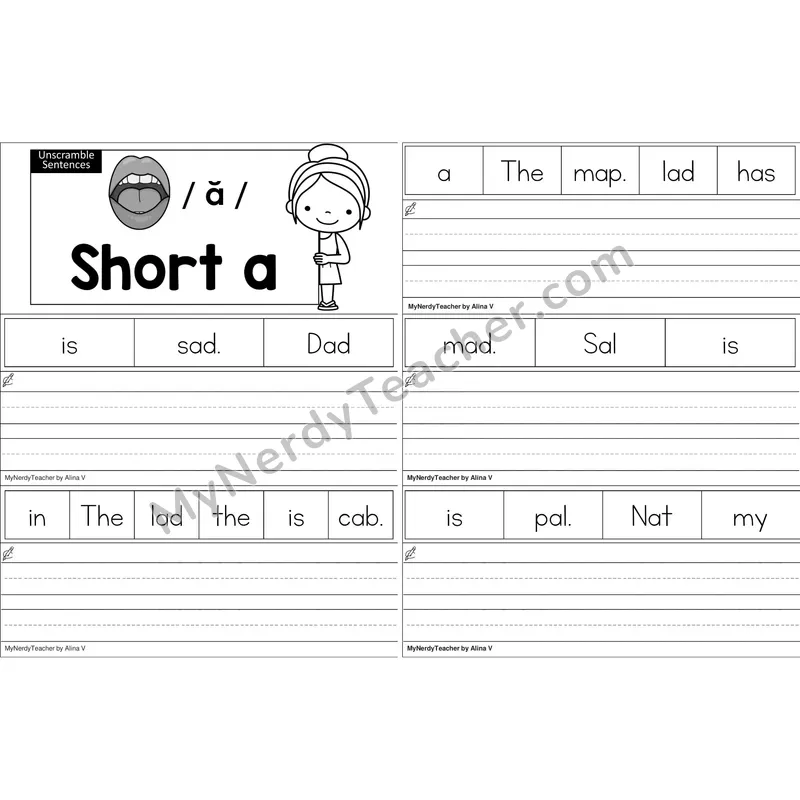 Short A Unscramble Sentences Worksheet (Black and White)