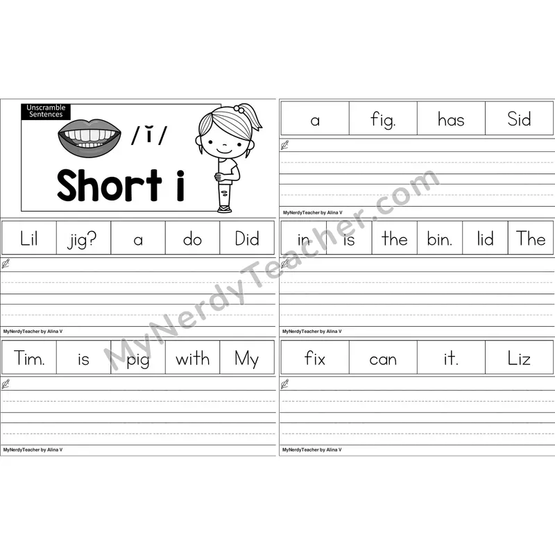 Short I Unscramble Sentences Worksheet (Black and White)