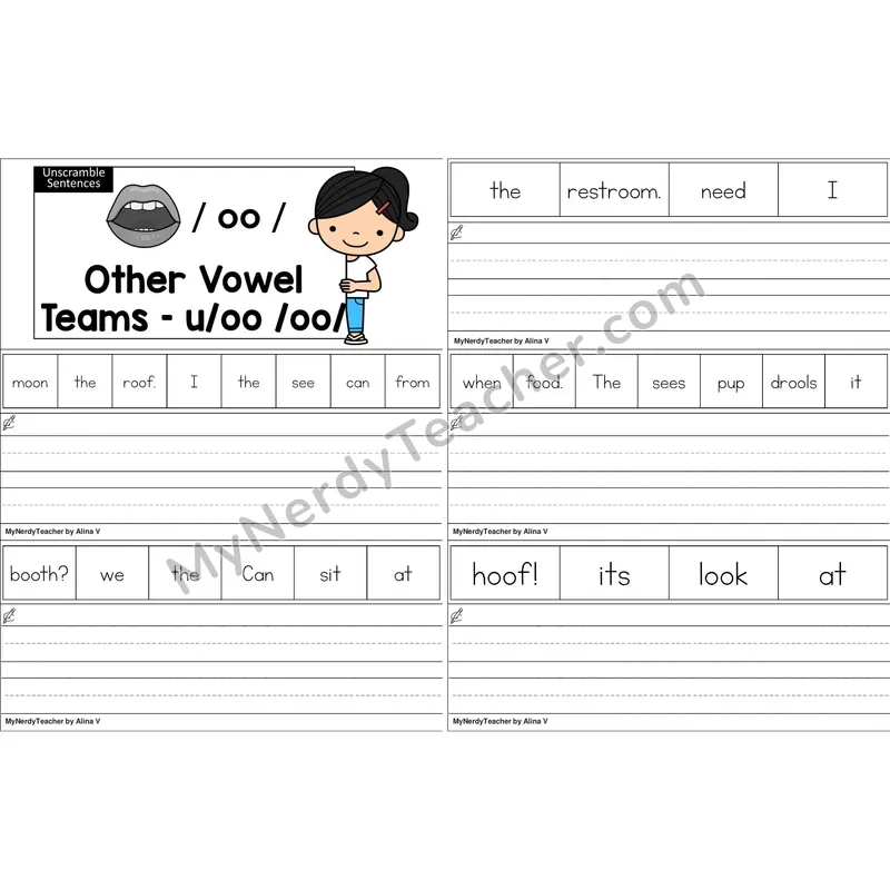 oo (long oo sound) Unscramble Sentences Worksheet (Color)
