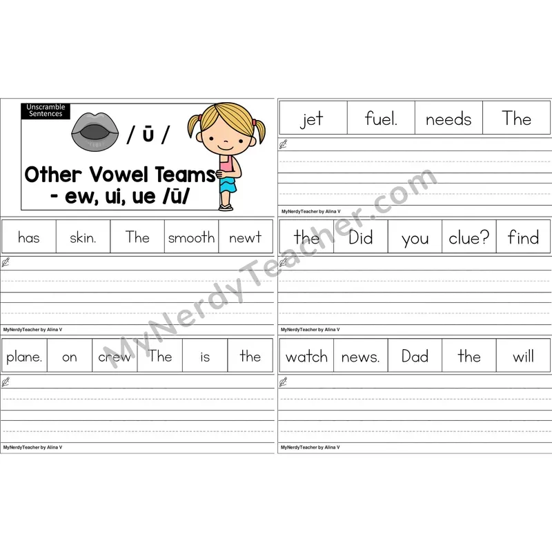 ew, ui, ue Vowel Team Unscramble Sentences Worksheet (Color)