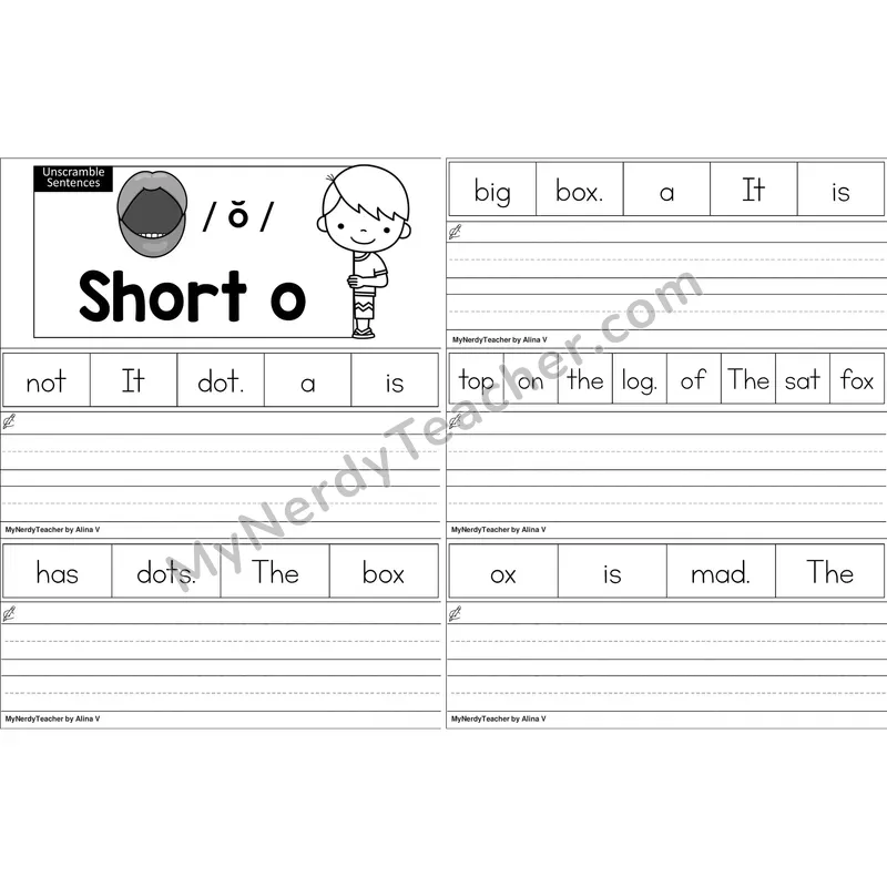 Short O Unscramble Sentences Worksheet (Black and White)