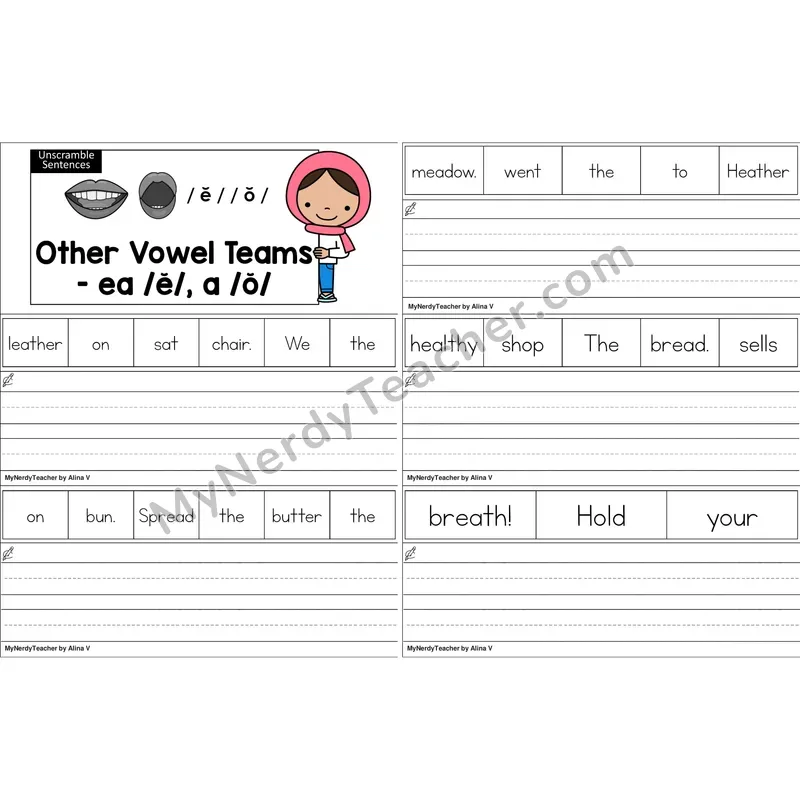 ea (short e), a (short o) Unscramble Sentences Worksheet (Color)