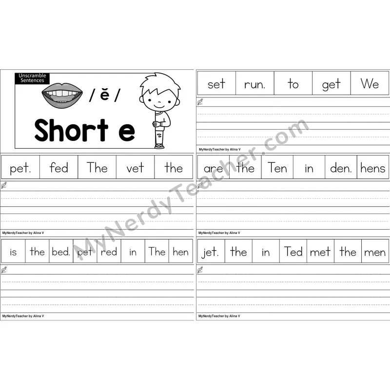 Short E Unscramble Sentences Worksheet (Black and White)