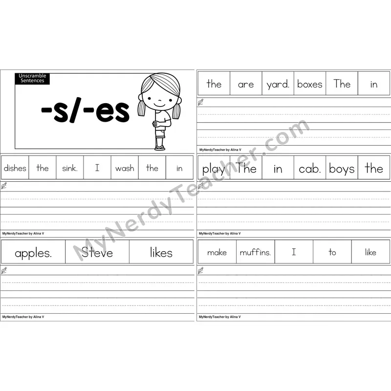 Suffixes -s, -es Unscramble Sentences Worksheet (Black and White)