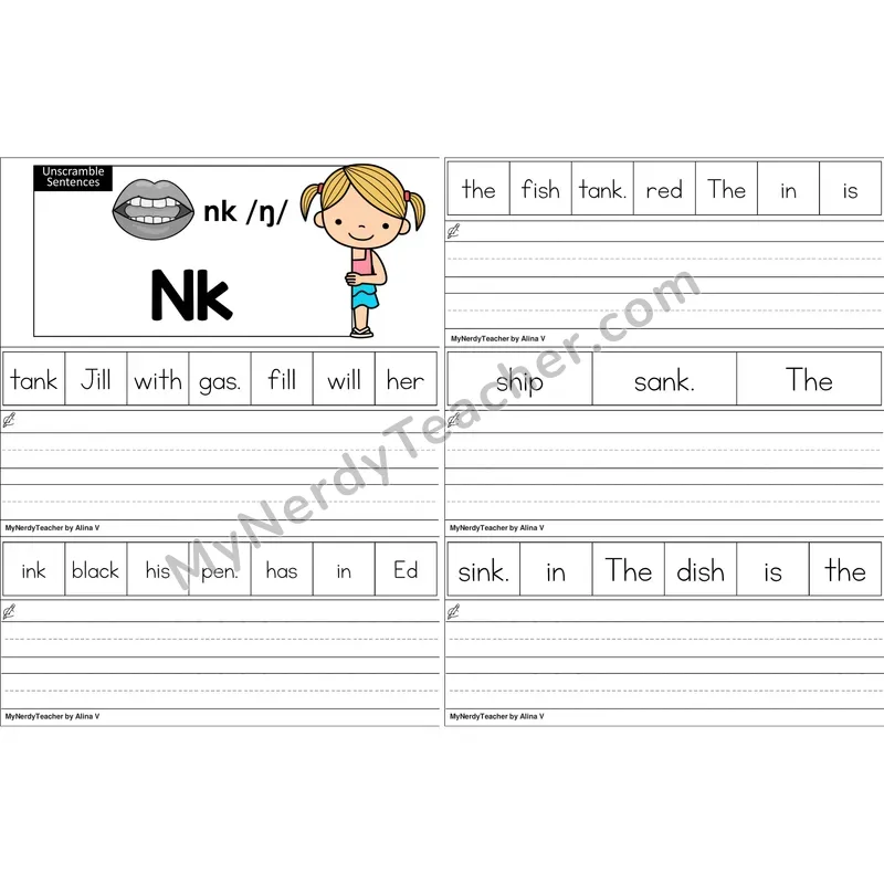 nk Glued Sound Unscramble Sentences Worksheet (Color)