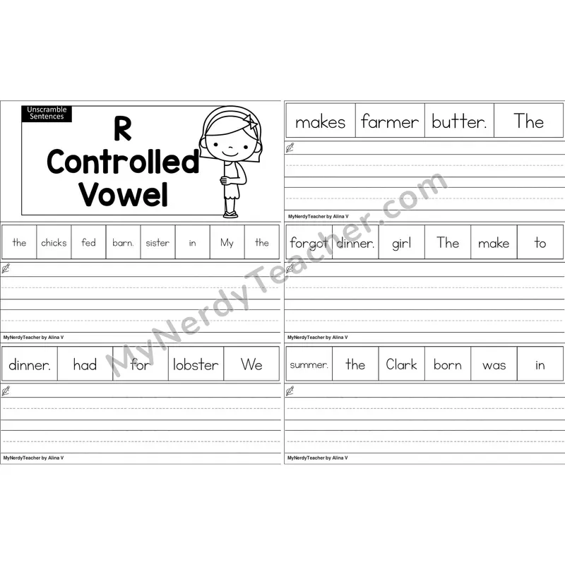 R-Controlled Vowels Review Unscramble Sentences Worksheet (Black and White)