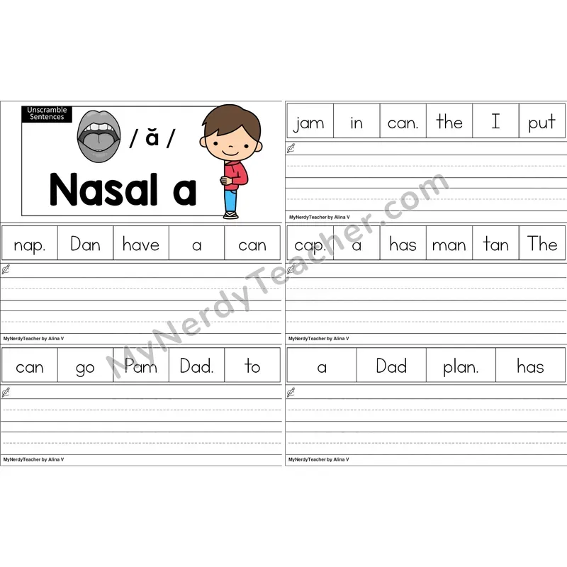 Nasalized A (am, an) Unscramble Sentences Worksheet (Color)