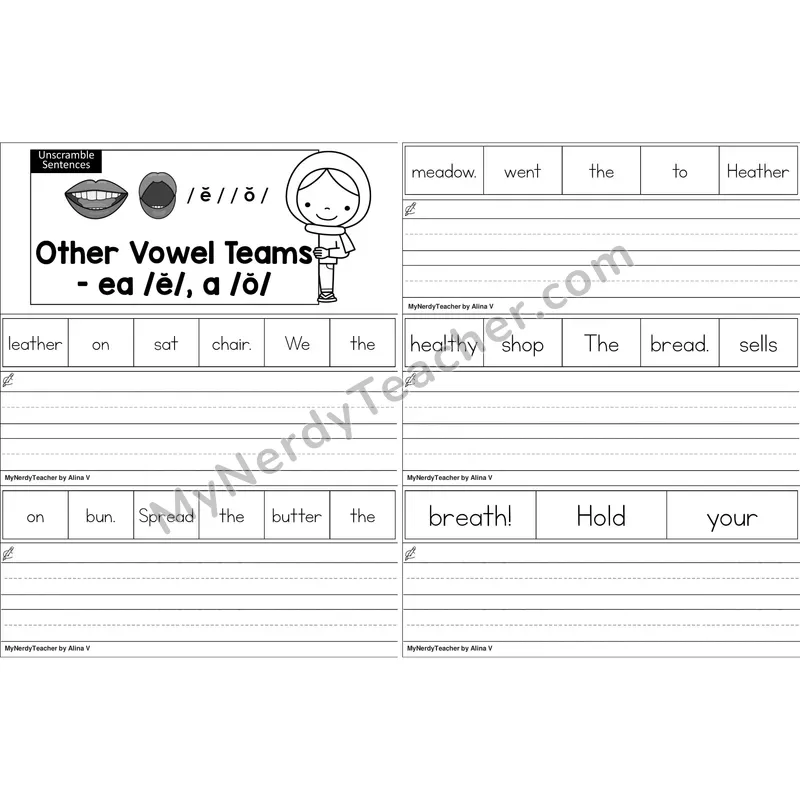 ea (short e), a (short o) Unscramble Sentences Worksheet (Black and White)