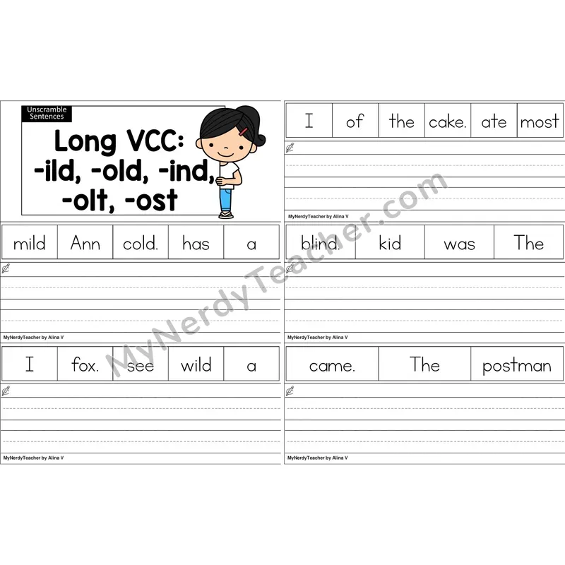 Long VCC (-ild, -old, -ind, -olt, -ost) Unscramble Sentences Worksheet (Color)