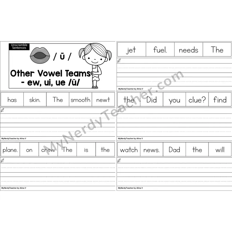 ew, ui, ue Vowel Team Unscramble Sentences Worksheet (Black and White)
