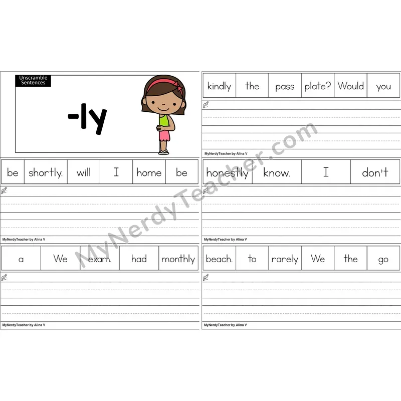 Suffix -ly Unscramble Sentences Worksheet (Color)