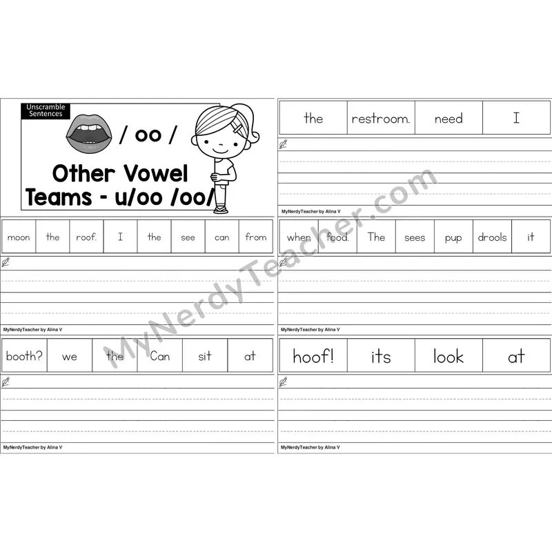 oo (long oo sound) Unscramble Sentences Worksheet (Black and White)