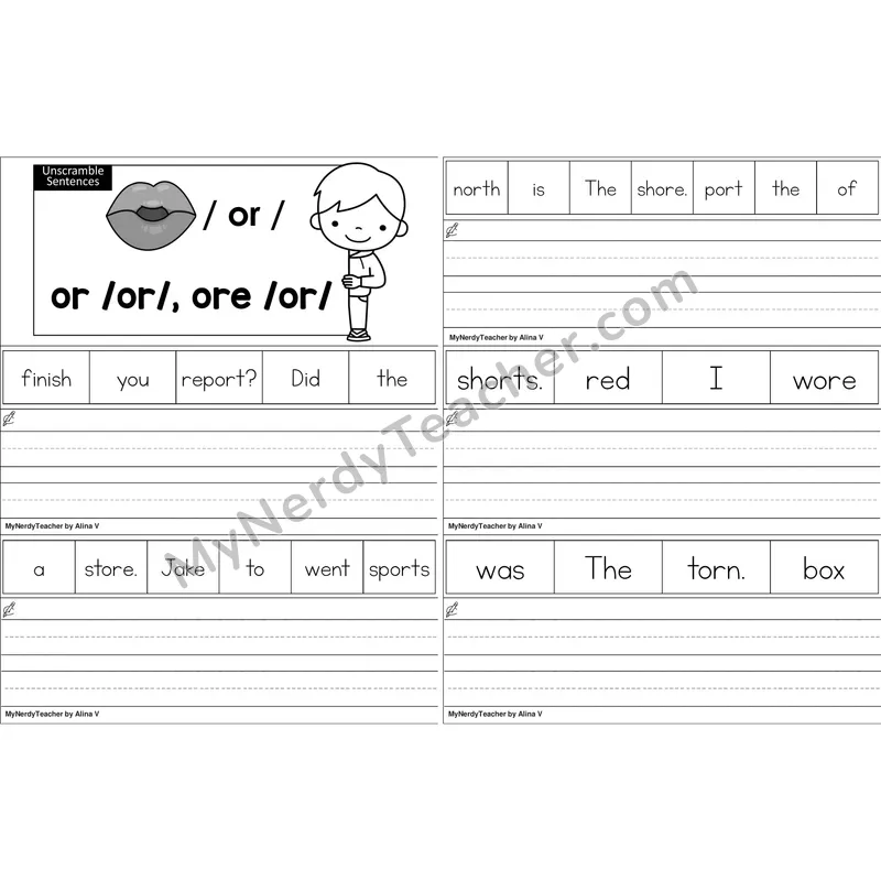 or, ore (R-Controlled) Unscramble Sentences Worksheet (Black and White)