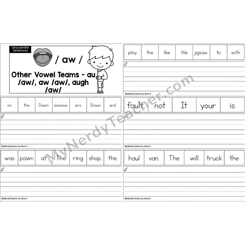 au, aw, augh Vowel Team Unscramble Sentences Worksheet (Black and White)