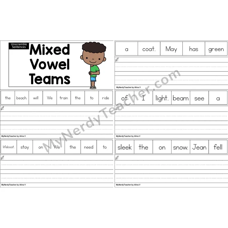 Mixed Vowel Teams Unscramble Sentences Worksheet (Color)