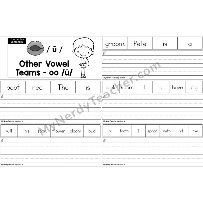 oo, u (short oo sound) Unscramble Sentences Worksheet (Black and White)