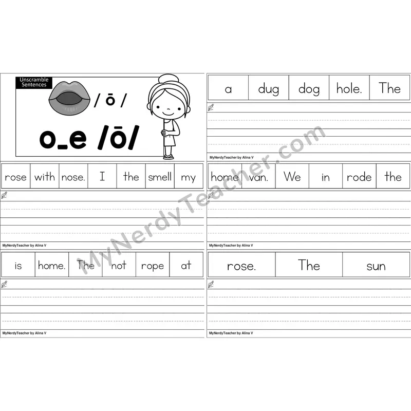 o_e (Long O VCe) Unscramble Sentences Worksheet (Black and White)