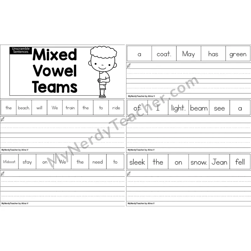 Mixed Vowel Teams Unscramble Sentences Worksheet (Black and White)