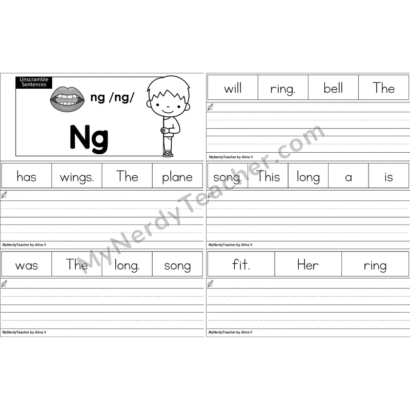 ng Glued Sound Unscramble Sentences Worksheet (Black and White)