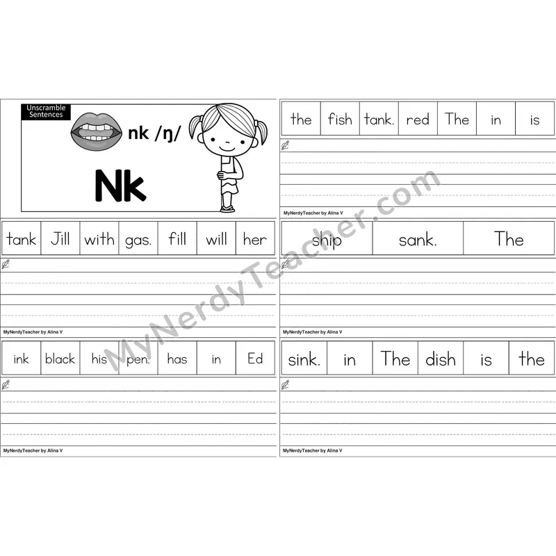 nk Glued Sound Unscramble Sentences Worksheet (Black and White)