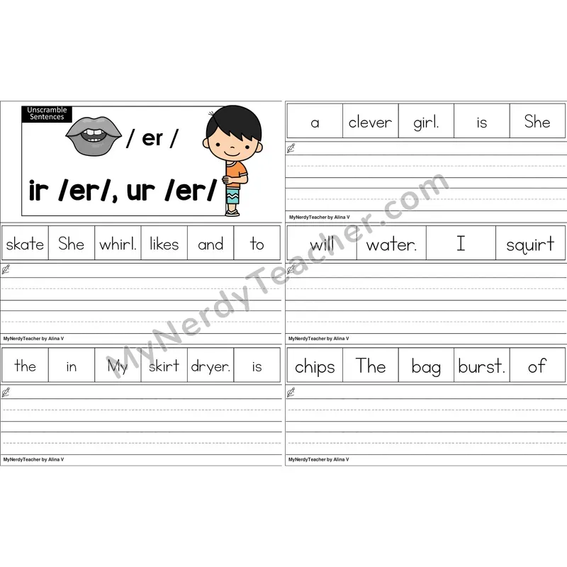 ir, ur (R-Controlled) Unscramble Sentences Worksheet (Color)