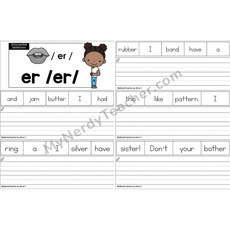 er (R-Controlled) Unscramble Sentences Worksheet (Color)