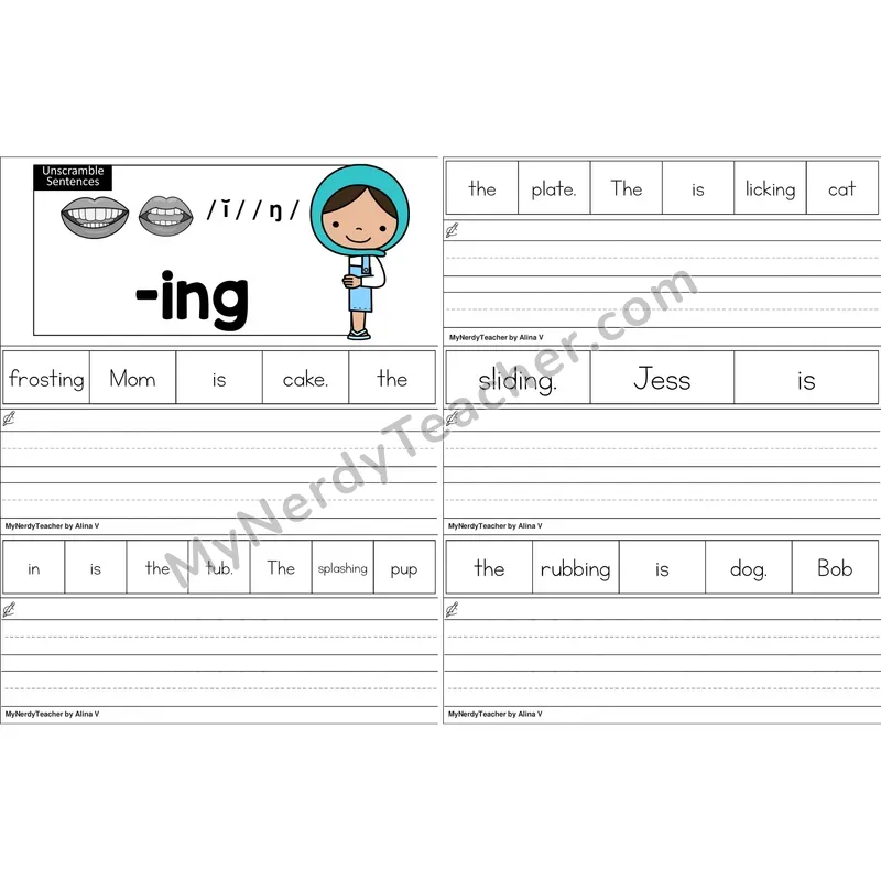 Inflectional -ing Unscramble Sentences Worksheet (Color)